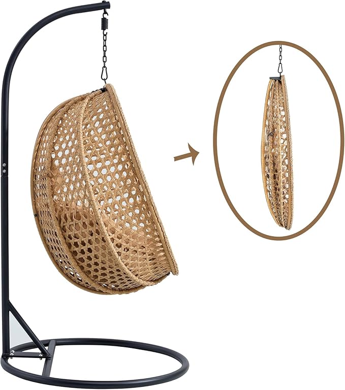 Hanging Egg Chair with Stand, Egg Swing Chair with Stand Indoor Outdoor, Yellow Basket Wicker Swing Egg Chair, Hammock Chair with Stable Round Metal Base and Comfortable Cushion for Patio Bedroom