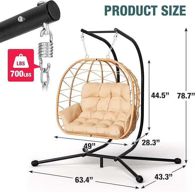 Pamapic Double Egg Chair wth Stand, 700 LBS Loveseat Rattan Swing Chair, UV Resistant Cushions with Armrests and Headrest, Thick Steel Frame Hammock Swing for Outdoor, Patio, Indoor(Beige)