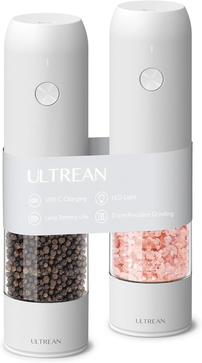 Ultrean Pepper Grinder, Rechargeable Salt and Pepper Grinder with 6 Adjustable Coarseness, LED Light, One-Hand Automatic Operation, White