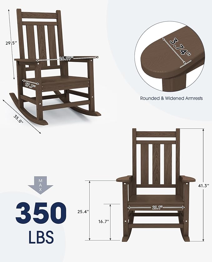 KINGYES Oversized Outdoor Rocking Chair Set of 2, All-Weather Patio Rocking Chairs for Porch, HDPE Outdoor Patio Rockers with High Back & Wide Seat for Garden, Lawn, Brown