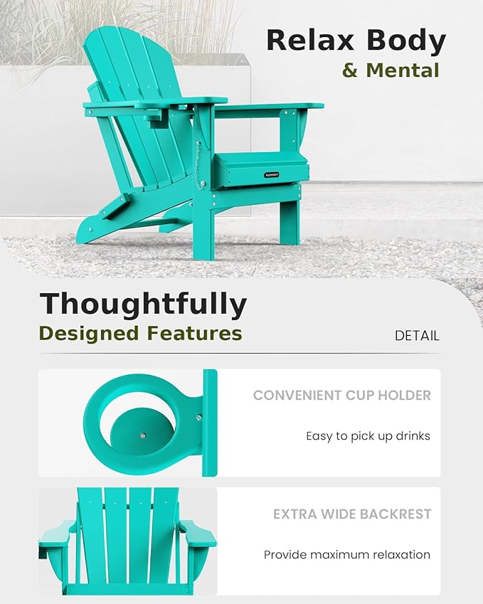 MUCHENGHY Folding Adirondack Chairs, Patio Chairs, Lawn Chairs, Outdoor Chair, Adirondack Chair Plastic, Fire Pit Chairs, Weather Resistant with Cup Holder for Deck, Backyard, Garden(Lake Blue)
