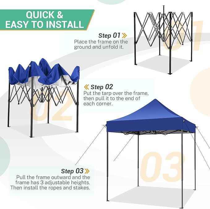 COBIZI 6.6x6.6 Heavy Duty Pop up Canopy Tent Without Sidewalls, Easy Set-up Commercial Outdoor Party Tent, 100% Waterproof Wedding Canopy Gazebo, 3 Height Adjustable with Carry Bag, Dark Blue