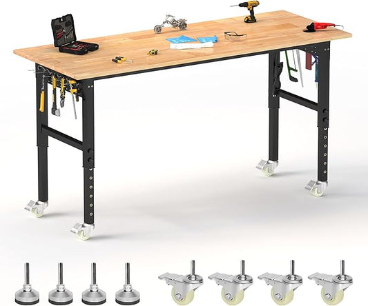 70’’ Work Bench Adjustable Workbench Heavy Duty Work Table with Power outlets, Pegboard, Wheels and Foot Pads, 2000 Lbs Capacity Hardwood Work Benches for Garage, Workshop, Office, Home