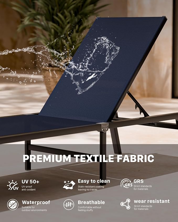 Aluminum Chaise Foldable Patio Lounge Chair Outdoor, Deck Lounger Adjustable 5-Position Recliner Pool Chase Breathable Full Flat Outside Sun Tanning Chairs for Beach/Poolside/Lawn(Navy Blue, 1Pack)