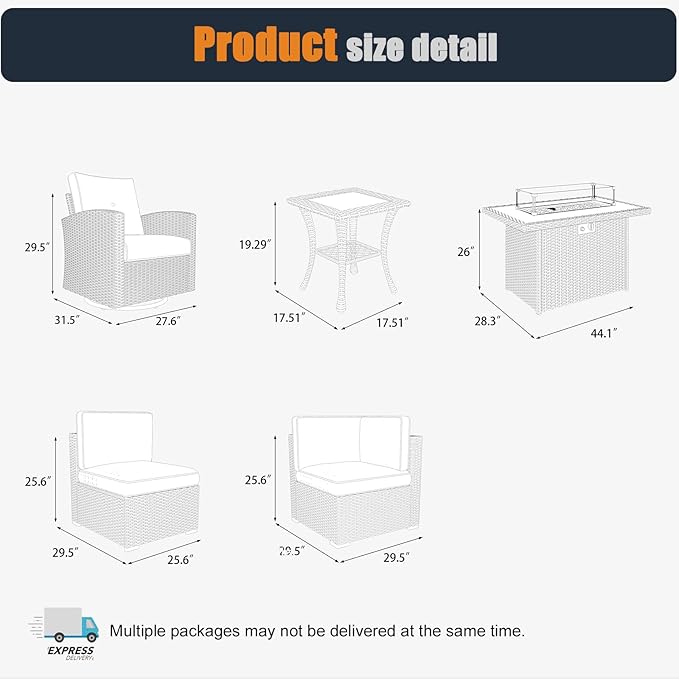 Patio Furniture Set with Fire Pit Table, 13 Pieces Outdoor All-Weather Wicker Conversation Sectional Chair Sofa Set with 4 Swivel Chairs