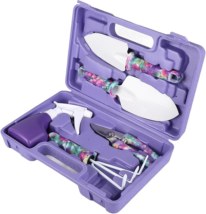 5 Piece Garden Tool Set, Includes Cultivator Rake and Shovels, Branch Scissors with Spray Can, for Indoor and Outdoor Planting, Purple Storage Container.