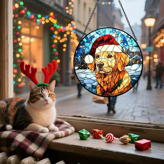 Stained Glass Window Hanging - Christmas Tree and Golden Retriever Suncatcher fof Garden Home Decor for Women Mon Grandma Friends