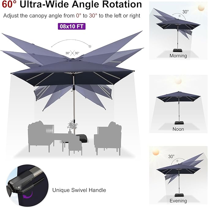 PURPLE LEAF 8' X 10' Left-right Tilting Patio Umbrella with Base Outdoor Swivel Cantilever Offset Aluminum Umbrella with Champagne Frame and 360-degree Rotation for Garden Deck Pool, Navy Blue
