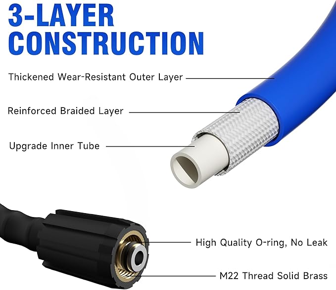 Pressure Washer Hose 100FT 1/4'' Kink Resistant 3600 PSI Power Washer Hose Extension with Leak-Free M22 Female and 3/8" Quick Connection Kit (100FT)