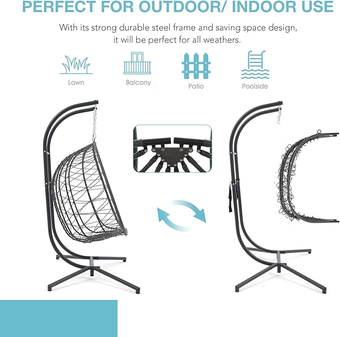 Patiorama 2 Person Double Egg Swing Chair with Stand Indoor Outdoor, Patio Wicker Rattan Hanging Egg Chair w/Cushion, Pillow, Foldable Hammock Chair 550lbs for Bedroom, Balcony, Garden (Light Grey)