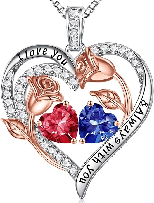 Iefil Christmas Gifts for Women Wife - 925 Sterling Silver Rose Heart Birthstone Necklace Birthday Anniversary Jewelry Gifts for Her Wife Mom Daughter