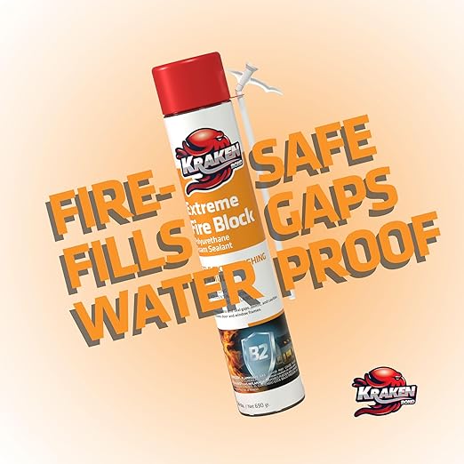 Kraken Bond Extreme Orange Fire Block Foam - (12x24oz) Fire Rated Polyurethane Spray for Gap Filling, Sealing on Windows, Walls, Joints & Pipes, Straw Use High Expansion Fire Proof Foam - 12 Pack