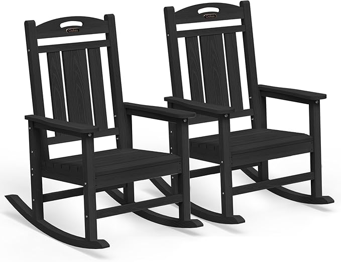 Ciokea Oversized Outdoor Rocking Chairs Set of 2, HDPE Porch Rocking Chairs for Outside, All-Weather Comfortable Patio Rockers for Front Deck Balcony, Black