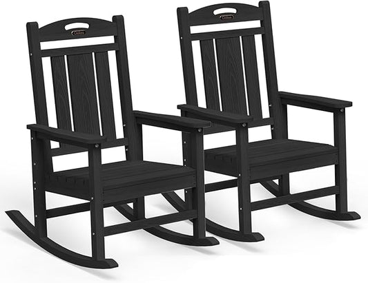 Ciokea Oversized Outdoor Rocking Chairs Set of 2, HDPE Porch Rocking Chairs for Outside, All-Weather Comfortable Patio Rockers for Front Deck Balcony, Black