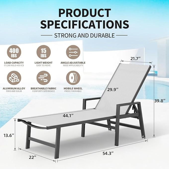 Aluminum Chaise Lounge Chair Outdoor (Set of 2) -Patio Lounge Chair with Wheels and 5-Position Adjustable Backrest and Outdoor Recliner Full Flat Tanning Chair for Beach,Patio,Lawn,Pool,White