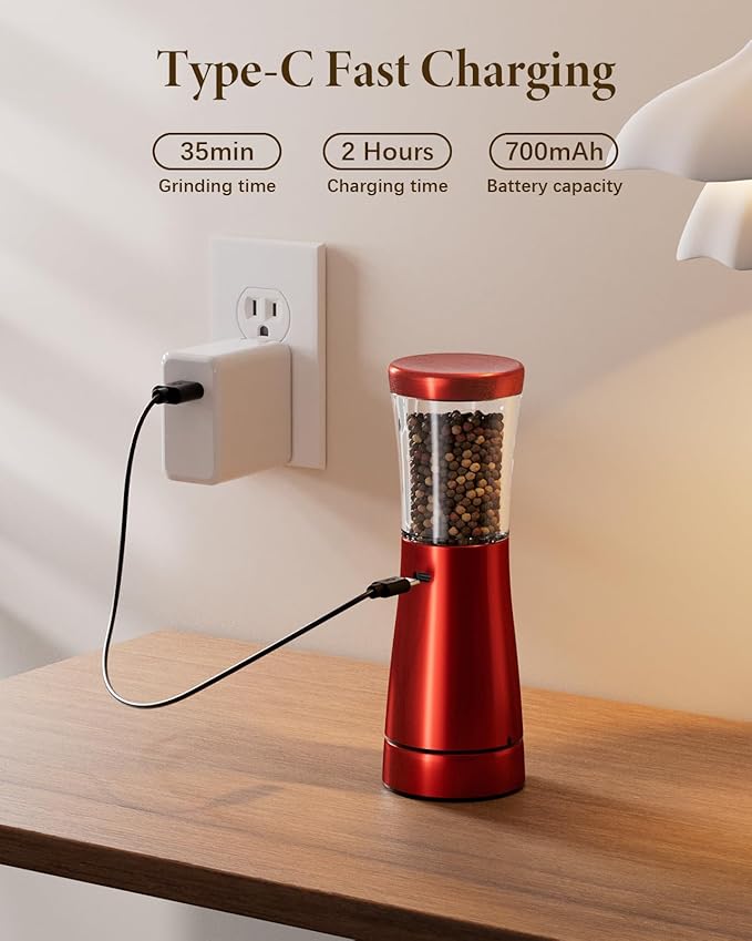Electric Salt and Pepper Grinder Set Rechargeable, Electric Pepper Grinder with Adjustable Coarseness, 4.5oz Large Capacity, 1.8" Wide-Mouth & Storage Base, One-Hand Operation Kitchen Gadgets