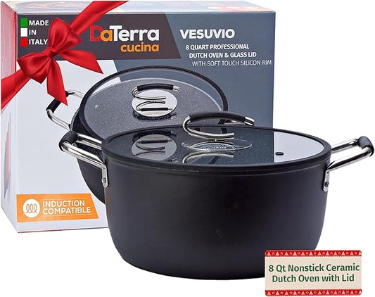 DaTerra Cucina – 8 Qt Nonstick Ceramic Dutch Oven with Lid – Large Oven Safe Stock Pot, Induction Compatible, Lightweight, Lead & PFOA Free, Volcanic Black, Durable Nonstick Cookware – Made in Italy