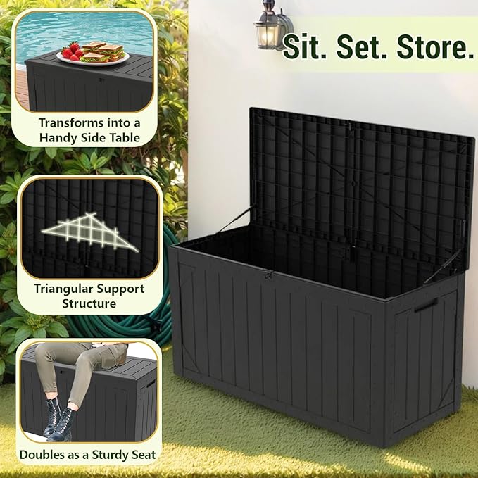 Outdoor Storage Box, 48”×22“-Deck Box Outdoor Storage Bench Outside Waterproof Resin Storage Bench, Lockable Patio Cushions, Garden Tools Storage For Furniture, UV Resistant(Black)