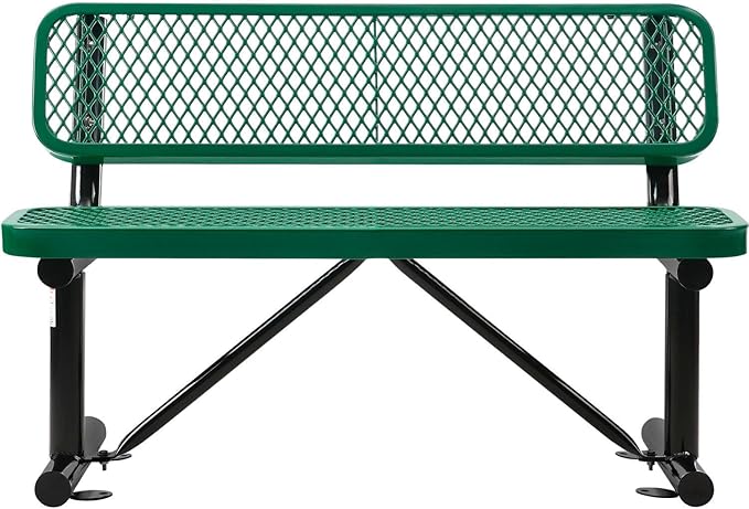 Global Industrial 4'L Heavy Duty Expanded Metal Mesh Bench with Backrest with Steel Frame, Portable Outdoor Bench, 1000 lbs Capacity, Green, 48" L x 24" W x 33" H