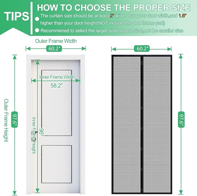 RELIANCER Fiberglass Magnetic Door Screen,Fit Door Size 58"x96",Auto Close Screen Door Mesh w/Magnets,Patio Doorway Net Screens,Self-Closing Doors Cover,Anti Mosquito Doorway Curtain,Mesh Partition