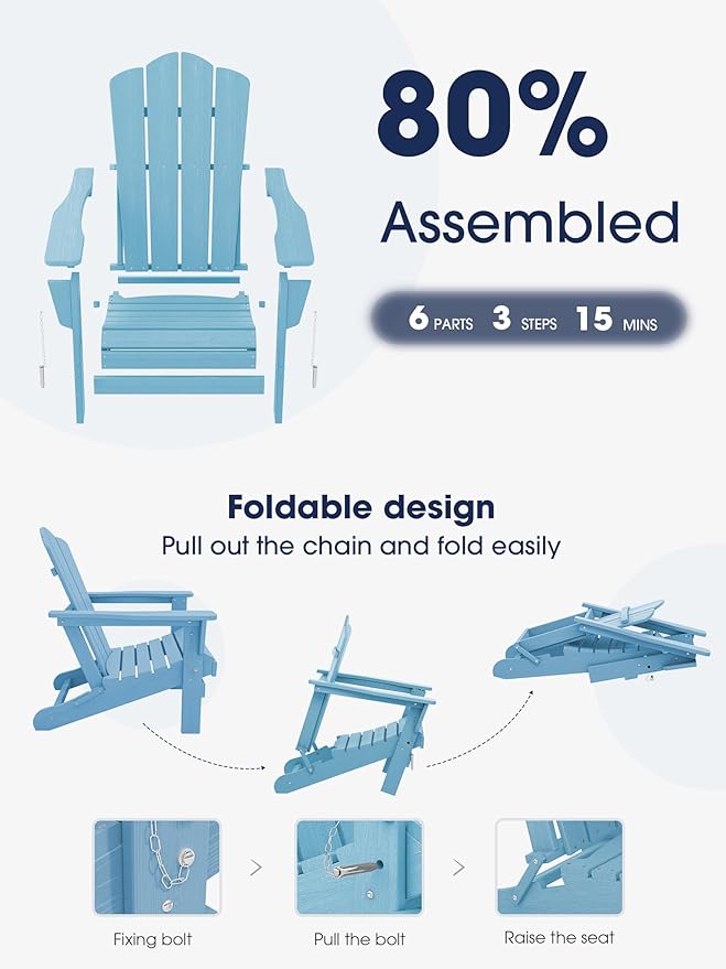 KINGYES Folding Adirondack Chair Set of 6, HDPE All-Weather Folding Adirondack Chair, Light Blue