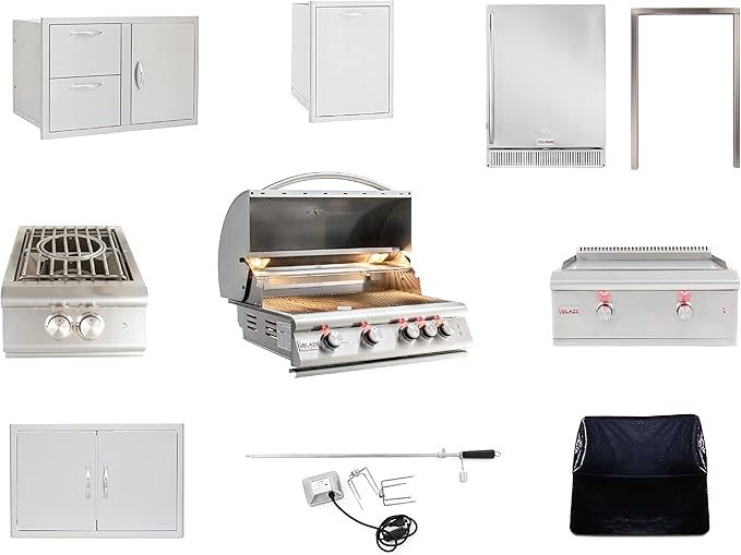 BLAZE BBQ Outdoor Grill Package1 of 32” LTE Built-in Natural Gas Grill, LTE Gas Griddle, Gas Power Burner, 32” Door & Two Drawers Combo, Trash Drawer, Refrigerator, and Accessories