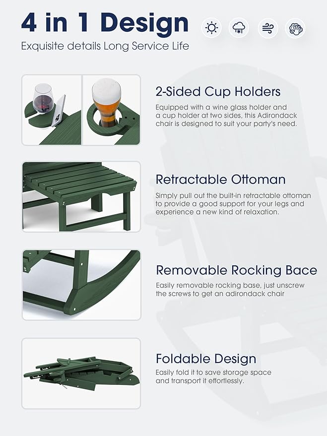 KINGYES Adirondack Rocking Chair Set of 2 with Retractable Ottoman and Cup Holders, HDPE Adirondack Rocker Patio Rocking Chair for Porch, Patio, Balcony, Green