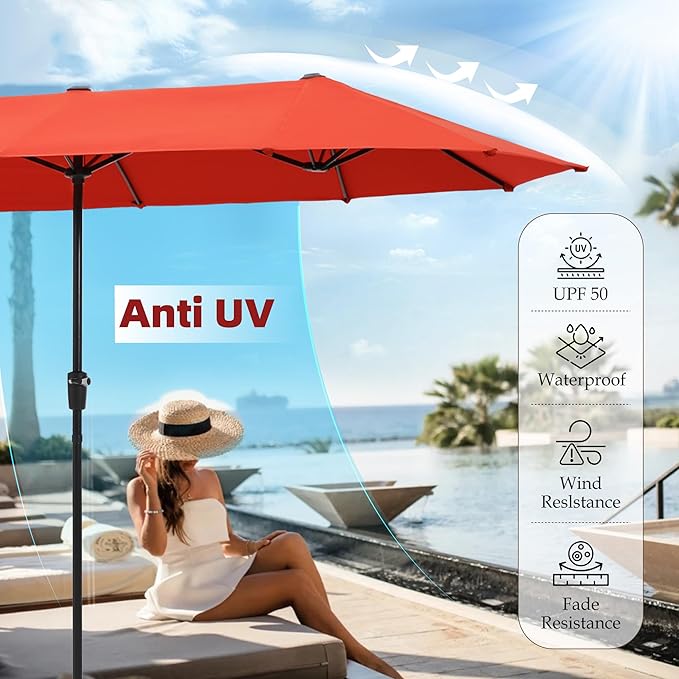 PHI VILLA 13 ft Outdoor Patio Umbrella, Large Rectangular Double-sided Market Table Twin Umbrellas with Crank Handle for Deck Pool, Orange Red
