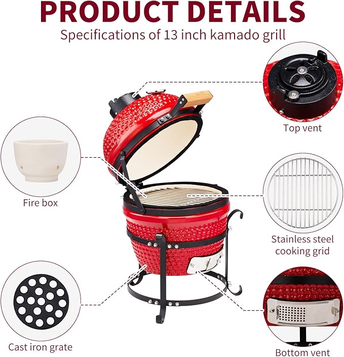 Outvita 13" Round Kamado Charcoal Grill, Portable Ceramic Barbecue Grill with Thermometer for Variations on Cooking Methods(Red)