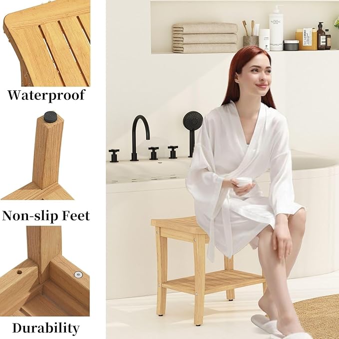 OTSUN Teak Shower Bench with Shelf & Non-Slip Feet, 17 Inch Heavy Duty Shower Chair for Inside Shower, Shower Stools for Seniors