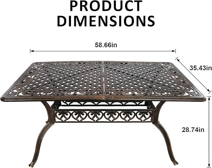Outdoor Patio Dining Set Cast Aluminum 7 Piece Patio Bistro Dining Set,Metal Rectangular Patio Table and Chairs Set for 6 Person with Umbrella Hole,Patio Furniture Sets for Garden,Bronze