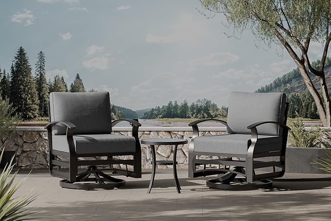 Outdoor Patio Furniture Set, 3 Piece Aluminum Metal Chairs Swivel Rocker, Overstuffed Washable Cushions Bistro Set for Porch, Balcony, Deck, Garden Grey