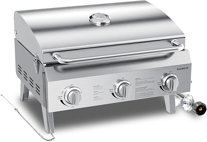 Tabletop Gas Grill, 22" 3-Burner Portable Propane BBQ Grill, 30,000 BTUs Stainless Steel Grill with Foldable Legs for Camping, Patio, Backyard, Tailgate, and Holiday Gatherings
