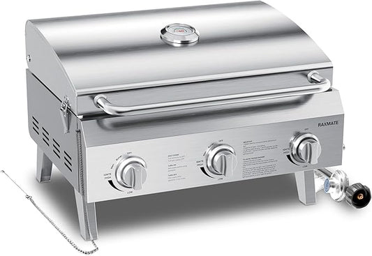 Tabletop Gas Grill, 22" 3-Burner Portable Propane BBQ Grill, 30,000 BTUs Stainless Steel Grill with Foldable Legs for Camping, Patio, Backyard, Tailgate, and Holiday Gatherings