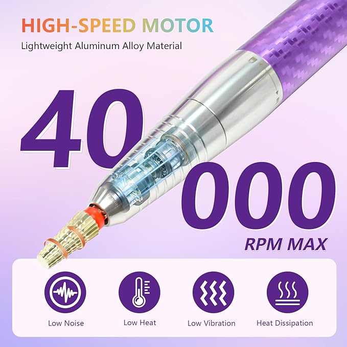 BETE Professional Nail Drill Machine, 0-40000RPM Brushless Durable Electric Nail File for Acrylic Gel Nails, Rechargeable Nail Drill with Charging Base with 6pcs Drill Bits for Salon Home, Purple