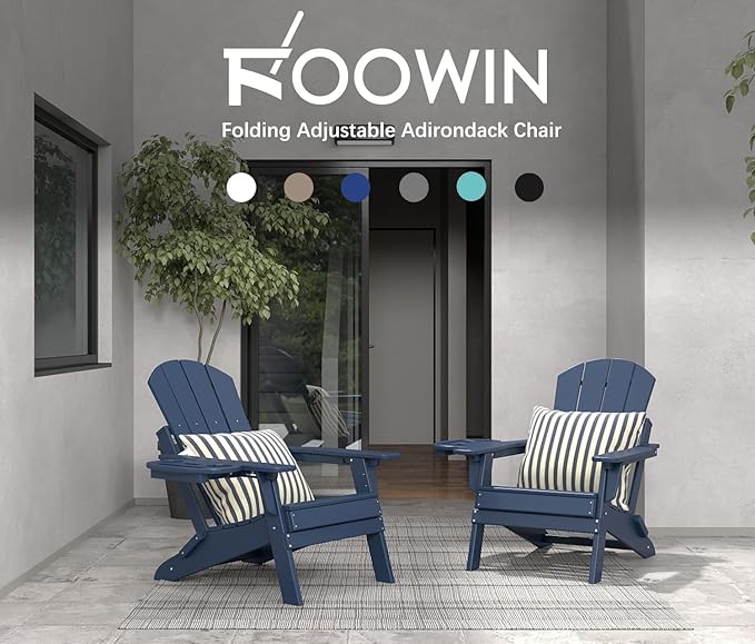 FOOWIN Folding Adjustable Adirondack Chair Set of 4,HDPE Adirondack Chair w/4 in 1 Cup Holder Trays,All-Weather Resistant Fire Pit Chair, Outdoor Chair for Patio Lawn Poolside,400lbs,Navy Blue