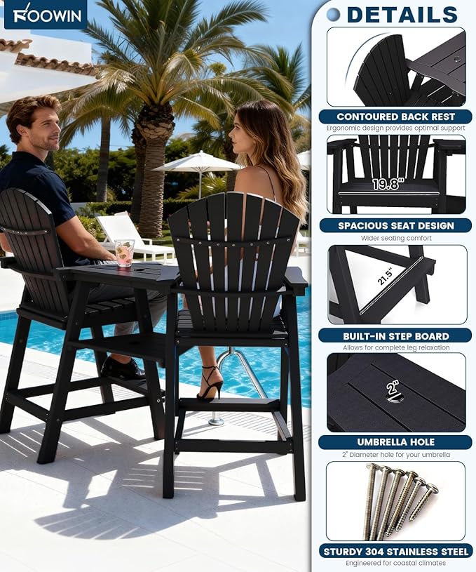 FOOWIN Tall Adirondack Chair Set of 4, All Weather HDPE Bar Height Adirondack Chair with Double Connecting Trays, Adirondack Barstools for Balcony, Deck, Backyard, Patio, Garden Black