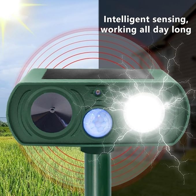 Outdoor Ultrasonic Animal Repellent – Solar Powered, Waterproof, Motion Sensor, Eco-Friendly, Deer, Dog, Cat, Raccoon, Squirrel, Skunk, Coyote, Fox, Rabbit, Geese, Ultrasonic Repeller 2pk