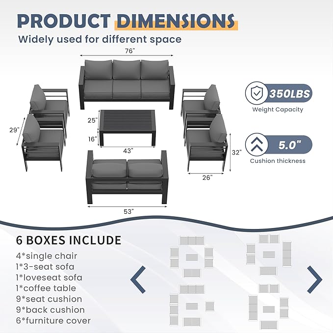 Amopatio Aluminum Patio Furniture Set, 10 Pieces Modern Patio Conversation Sets, Outdoor Sectional Metal Sofa with Coffee Table for Balcony, Garden, Dark Grey (Included Waterproof Covers)