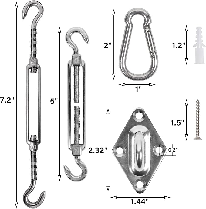 YOFIT 44 Pcs Shade Sail Hardware Kit, 5 Inch Outdoor Sun Sail Accessories, 304 Stainless Steel Turnbuckles & Brackets for Triangle/Rectangle Sails, Patio Canopy Installation Hardware Set Waterproof