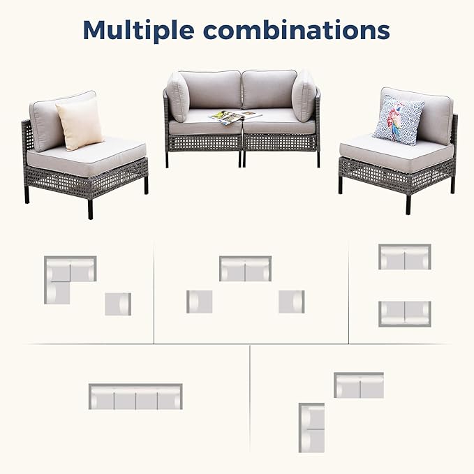 4-Piece Outdoor Modular Wicker Sofa Set with 2 Armchairs and 2 Armless Chairs, PE Rattan Sectional Furniture with 4" Beige Cushions, Gray Patio Seating for Deck, Garden, Porch