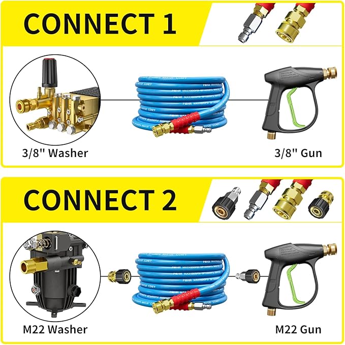 POHIR 25ft Pressure Washer Hose 3/8" 4800 PSI, No Marking Kink Free Hose with Quick Connect Ends and Adapters for Hot & Cold Water up to 248°F, Steel Wire Braided Hose for Power Washing