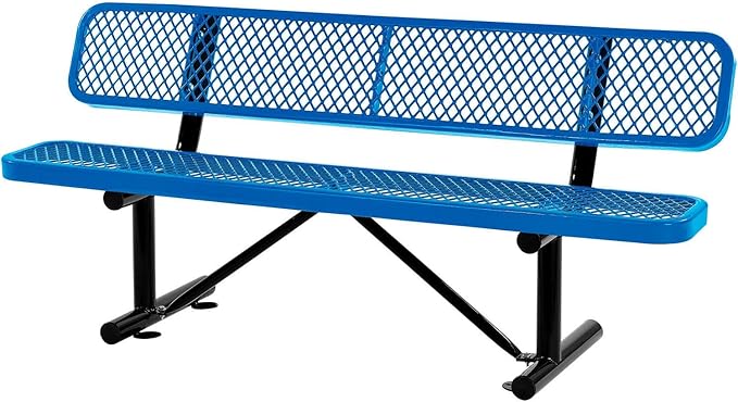 Global Industrial 6'L Heavy Duty Expanded Metal Mesh Bench with Backrest with Steel Frame, Portable Outdoor Bench, 1000 lbs Capacity, Blue, 72" L x 24" W x 33" H