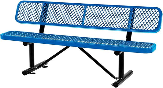 Global Industrial 6'L Heavy Duty Expanded Metal Mesh Bench with Backrest with Steel Frame, Portable Outdoor Bench, 1000 lbs Capacity, Blue, 72" L x 24" W x 33" H