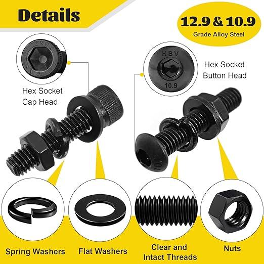 1500PCS M4 Screws with Nuts Assortment Kit, M4x6/8/12/16/20/25/30/40 mm Hex Socket Button & Cap Head Bolts Nut and Washers Set, 12.9 & 10.9 Grade Black Zinc Plated for DIY, 3D Printer