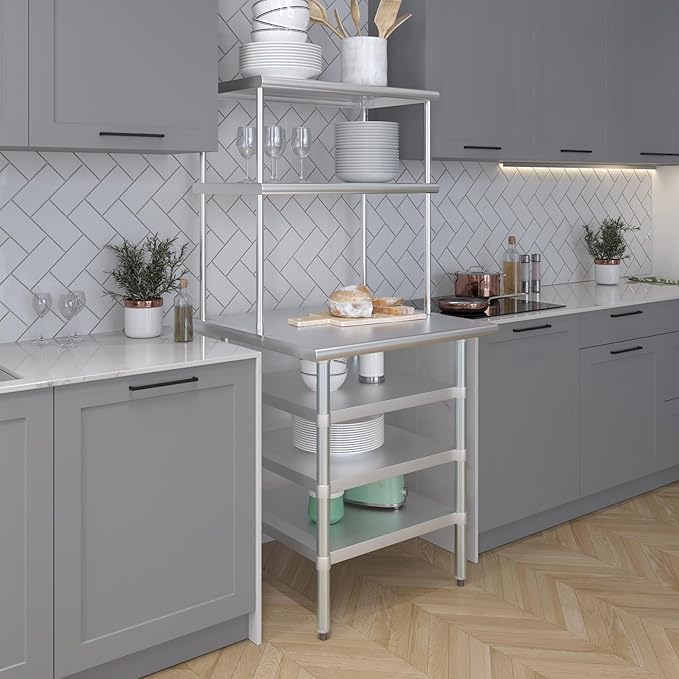 Amgood 30" x 30" Stainless Steel Work Table with 3 Shelves and 18" Wide Double Tier Overshelf | Metal Kitchen Prep Table & Shelving Combo | NSF