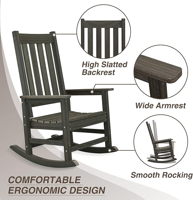 Rocking Chair Outdoor, HDPE Oversized Patio Rocking Chairs, Weather Resistant, 350lbs Heavy Duty Porch Rocker with High Back for Backyard, Fire Pit, Garden and Indoor (Dark Brown)