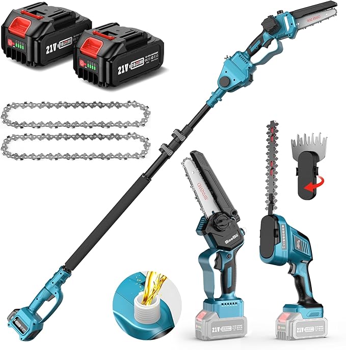 SEESII 6-in-1 Cordless Pole Saw & Hedge Trimmer Combo, Electric Mini Chainsaw with 2×4.0 Ah Batteries, Extendable Tree Pruner, Bush Trimmer Limb Branch Cutter, Grass Shears, 15Ft Long Reach