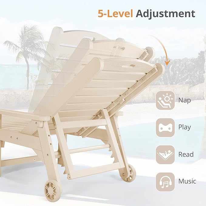 LUE BONA Outdoor Chaise Lounge, 79'' Oversized HDPS Chaise Lounger, 5 Positions Adjustable Lounge Chairs, Pool Lounge Chair with Wheels for Poolside, Backyard, 3 Year Warranty, Sand