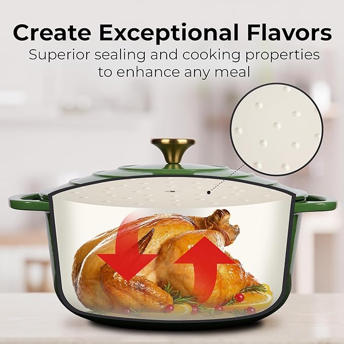 Zulay Kitchen 6 Quart Enameled Cast Iron Dutch Oven Pot with Lid – Premium Durability & Oven Safe up to 500°F – Heavy Duty Cookware Perfect for Bread Baking, Stews, Braising & Roasting – Green